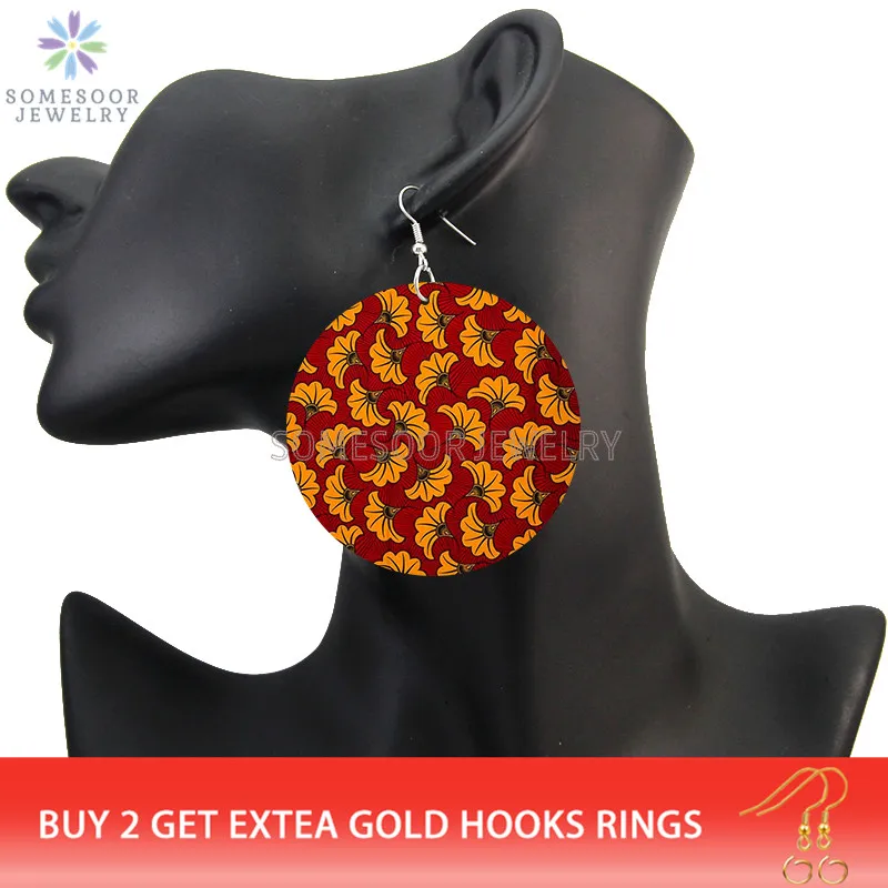 SOMESOOR Afrocentric Headwrap Fabric Design Printed Wooden Drop Earrings Bohemian Ethnic Loops Dangle 8 Styles For Women Gifts