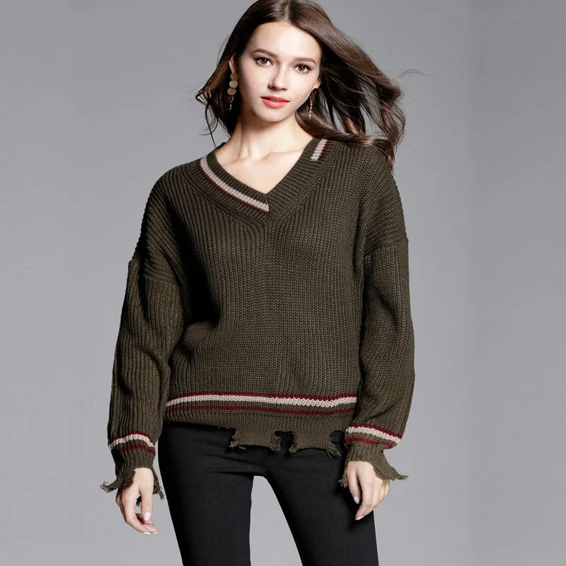 Pull Femme 2020 New Style for Autumn and Winter Stripes V-neck Striped Pullover Loose Sweater Coat Irregular Sweater Coat 11757