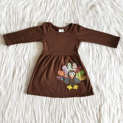 Cute Pattern Long Sleeve Kids Dress Thanksgiving Day Brown Frocks Girl Turkey Clothes For Winter