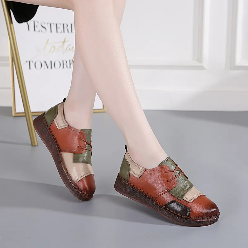 Glglgege 2022 New Women Old Mother Ladies Female Cow Genuine Leather Shoes Flats Loafers Slip On Casual National Style 35-41