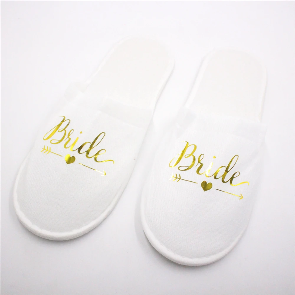 New Wedding Party Slippers Hotel Disposable Bride And Bridesmaid Team Slippers Golden Bronzing Letters Fabric Indoor Floor Shoes