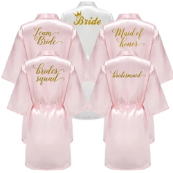 Wedding Party Bridesmaid Maid of Honor Robe With Gold Writing Letter Women Lady Pink Satin Bathrobe Kimono S-4XL