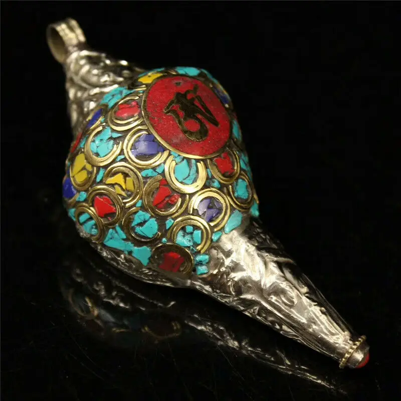 

4.13" Tibet Tibetan silver natural Conch inlay gem Dharma-sankha Conch Pendant