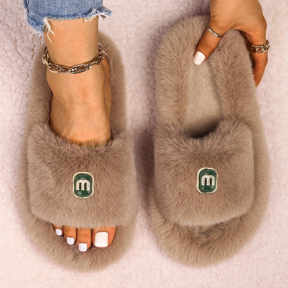 Women Sandals Fluffy Slippers Luxury Designer Letter Decor Furry Slides Flip Flops Faux Fur Slippers Female Brand Retro Shoes