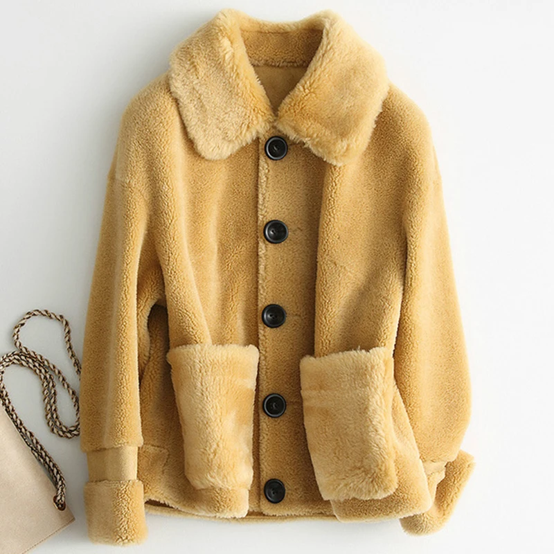 Fad Autumn Winter Real Lamb Ful Coat Female Fashion Natural Ful Coat Women Woman Coat Casual Elegant Jacket A050