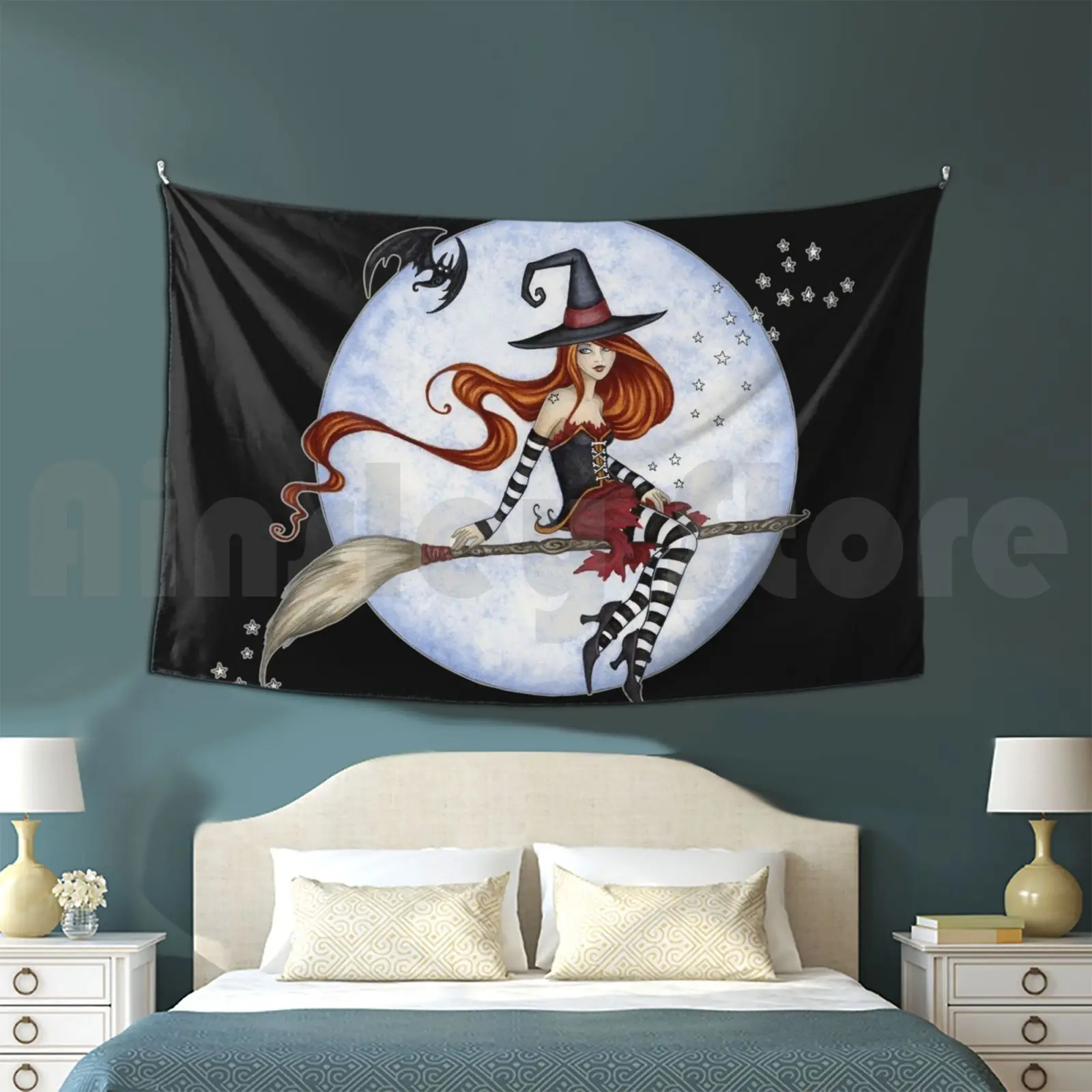 Moonlight Ride Tapestry Living Room Bedroom Witch Halloween Witch On Broomstick Moon Full Moon Up Amy Brown