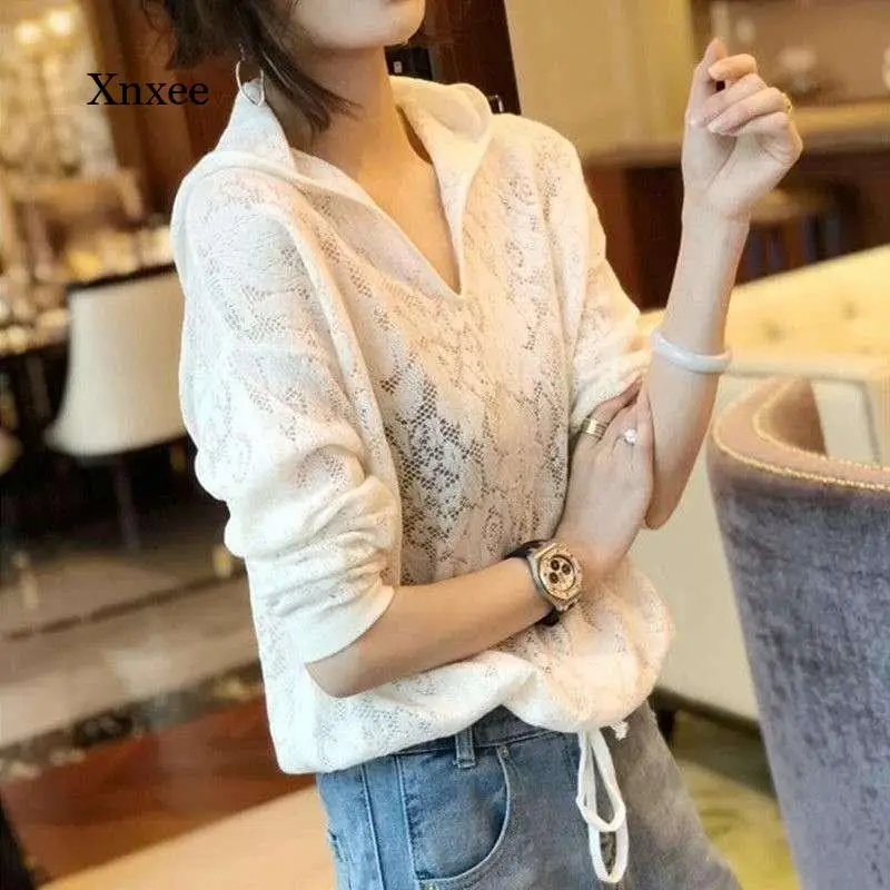 

Spring Hooded Tops Autumn New Ice Silk Drawstring Outwear Blouse Loose Sweater Hollow Knit Women Lace Sweaters Loose Clothing