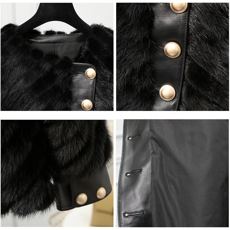 Mink Fur Coat Round Neck Women\'s Clothes Natural Fur Mink Coats Winter Warm Short Leather Sleeves Female Black Jacket Outwear