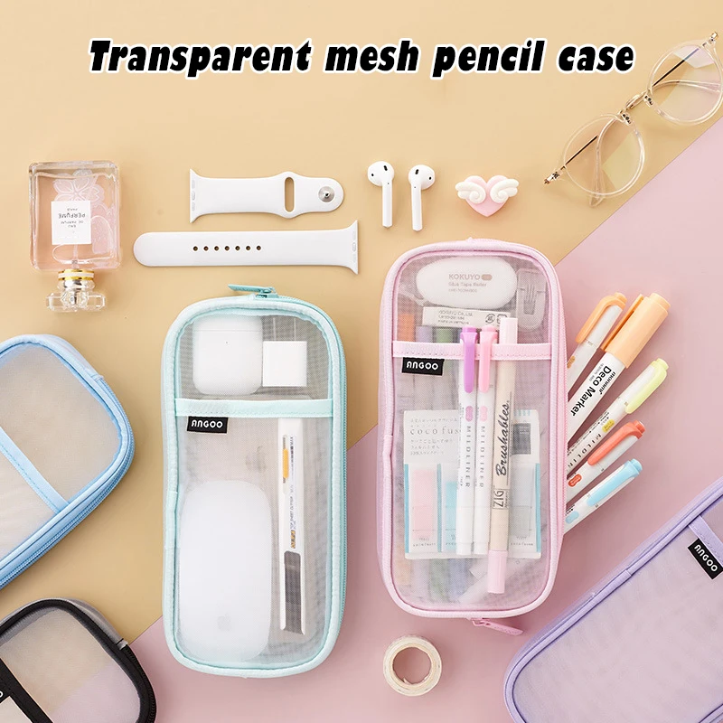 Large Capacity Pencil Case Bag Storage Mesh Black Pink Pen Bag Stationery Supplies for Kids Adults School концелярские товары