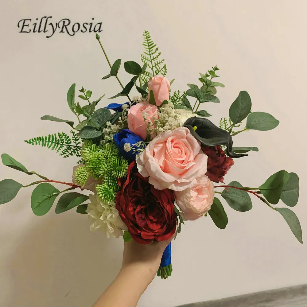 EillyRosia Country Bridal Bouquet Blue Black Cala Lily Burgundy Pink Roses Vintage Wedding Flowers for Bride and Bridesmaid