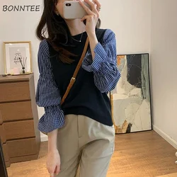 Blouse Women Sweet Girls Lantern Sleeve Popular Fake Two Pieces All-match Autumn Ladies Tops Ulzzang Streetwear Design Vintage