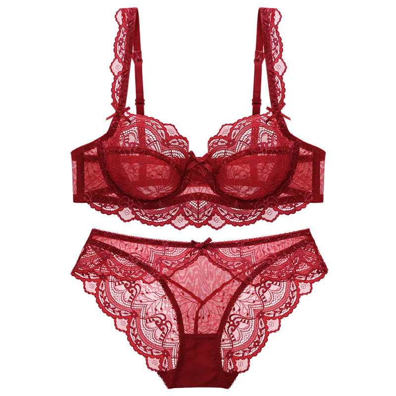 2023 New Style ABCDE Cup Bra Sets Ultra-Thin Transparent Flower High Quality Push Up Underwear Suit Plus Size Lingerie