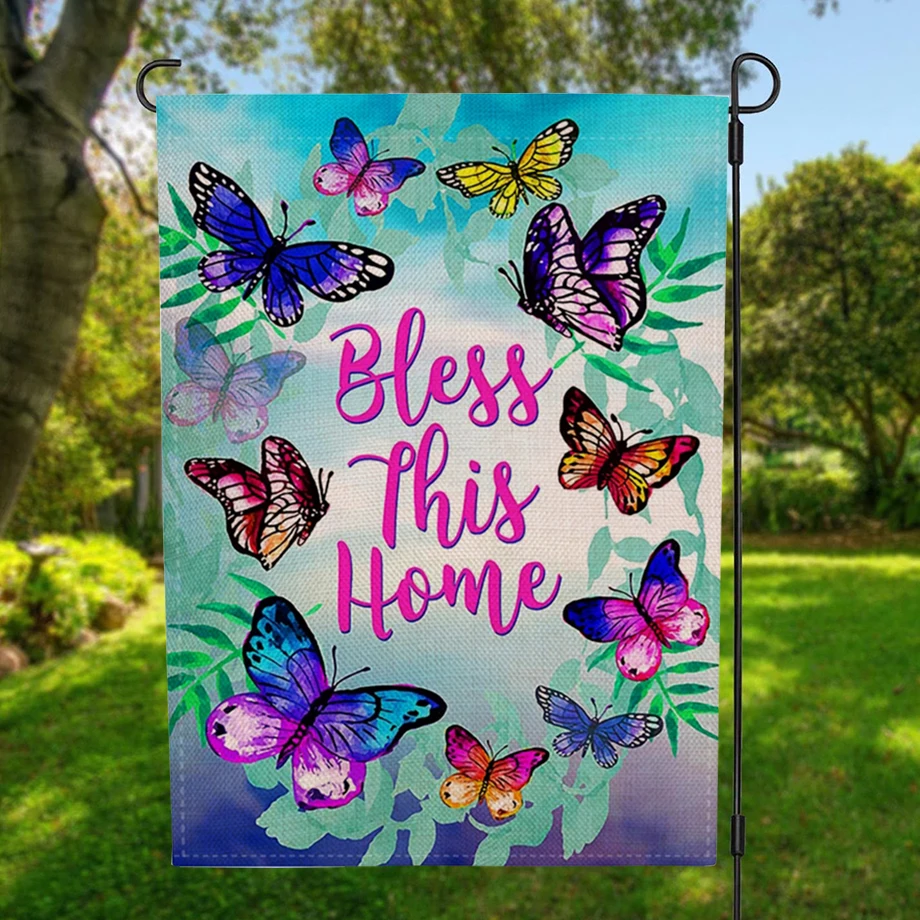 Two-sided Butterfly Bless This Home Garden Flag Banner Home Decor with Windproof Rubber Stopper and Clip 12.5''x18.5'' 32x47cm