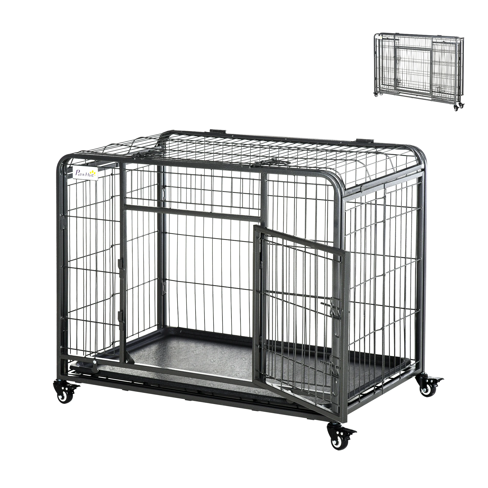 PawHut folding dog cage with wheels and brakes removable tray and door with latches 125x76x81 cm dark gray