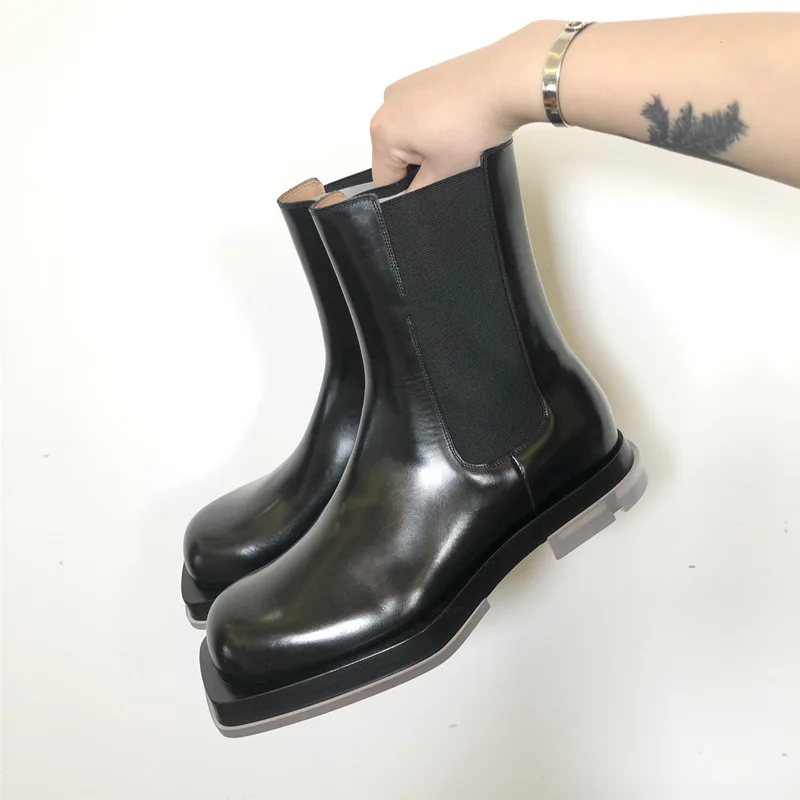 2024 nowy damski z kwadratowym noskiem Chelsea Boots gruba podeszwa kostek na platformie czarne jesienne Botas Mujer damskie obuwie wsuwane