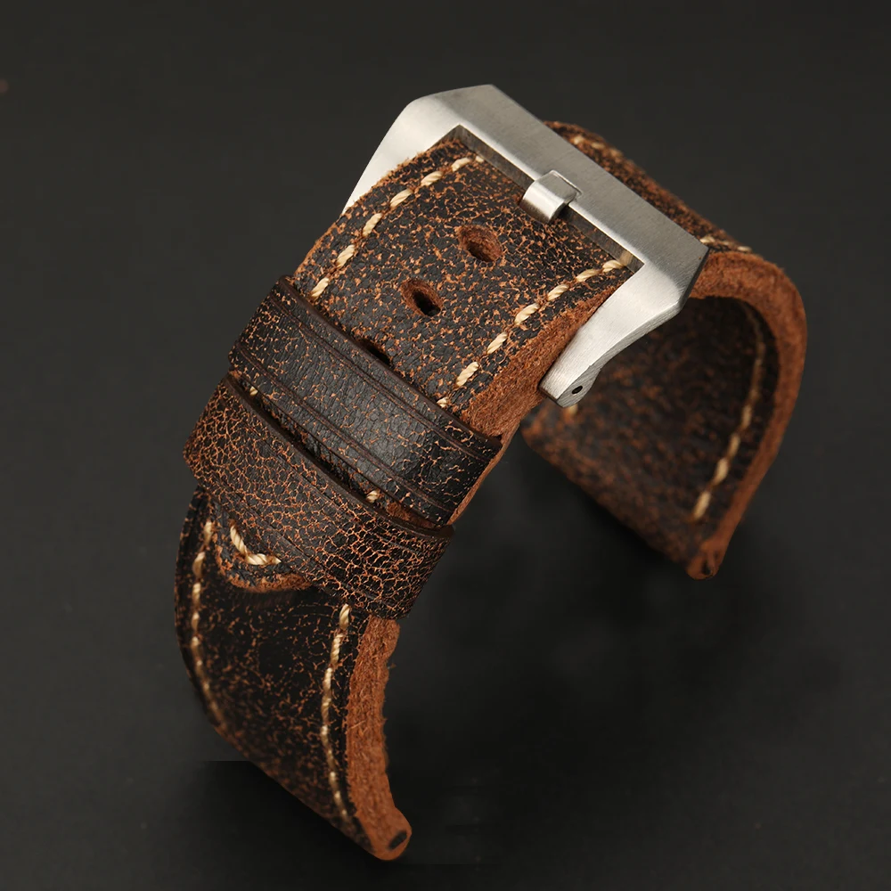 Hand-Cracked Old Vintage Top Layer Leather Watchband 22 24 26MM For 47MM PAM Soft Men\'s Watch Bracelet Vintage Style