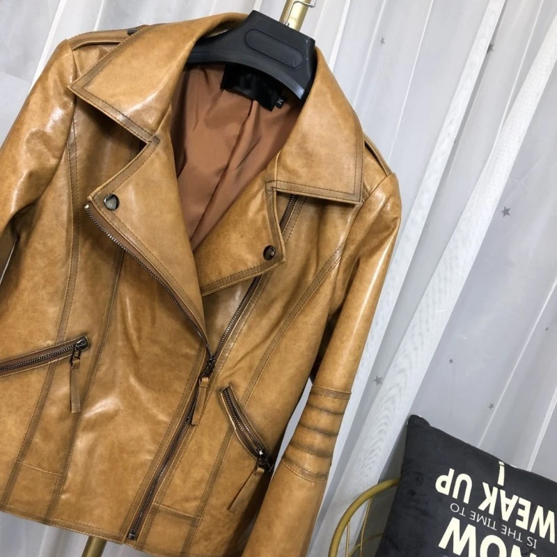 Natural Leather Vintage Motorcycle Jacket Women Genuine Leather Jackets Brand Designer Outerwear Oil Wax Brown Sheepskin Coat