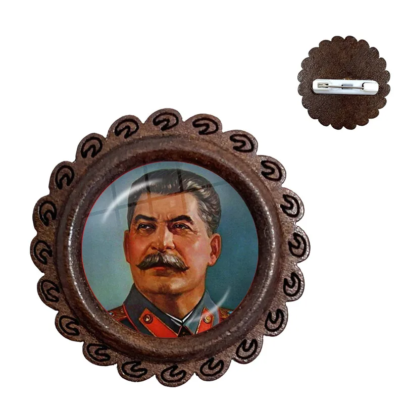 Soviet USSR Stalin Lenin Wood Brooches Classic Red Star Hammer Sickle Communism Emblem CCCP Glass Cabochon Collar Pins Badge