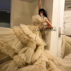 Gorgeous Fluffy Ruffles Tiered Tulle Ball Gowns Bridal Dresses Pretty Mesh Lush Prom Gowns Party Dress With Ribbon Bow