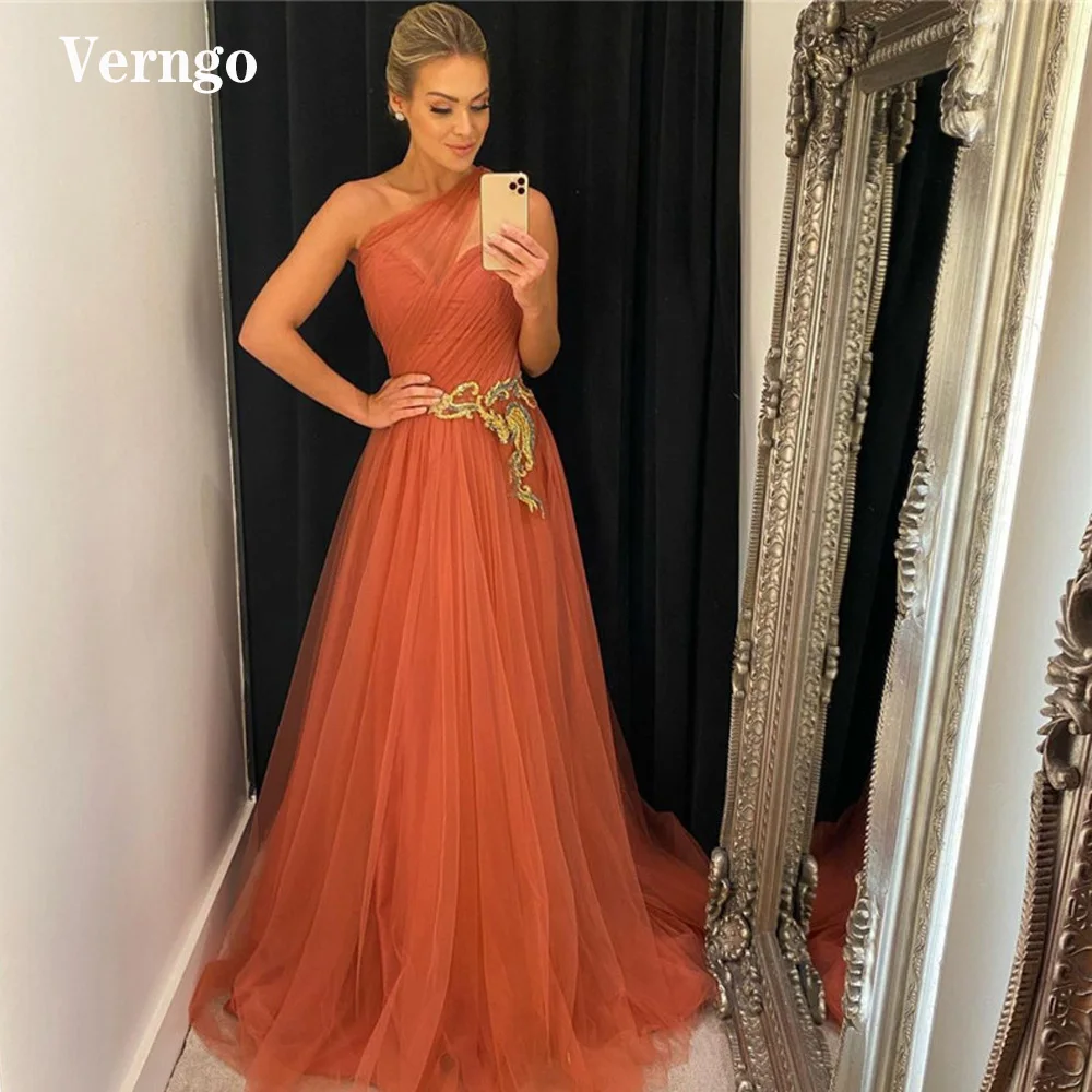 Verngo elegante Tulle una linea abiti da ballo lunghi 2021 una spalla pizzo Applique lunghezza del pavimento abiti da sera occasione evento vestito