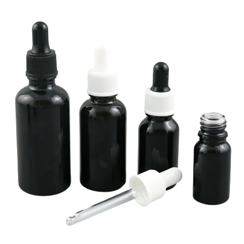 

12 x 100ml 50ml 30ml 20ml 15ml 10ml 5ml Shining black glass essential oil dropper bottle Vials Cosmetic Containers