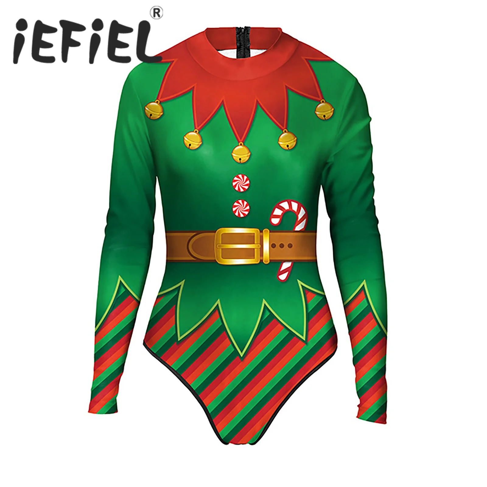 Women Elf Christmas Costumes One-piece Bodysuit Stand Up Collar Long Sleeves Vivid 3D Print Jumpsuit for New Year Fancy Party