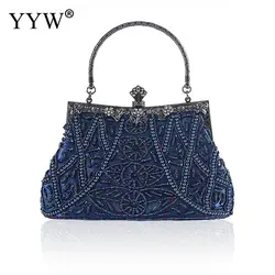 Bolso Vintage para mujer, bolsos de noche de lujo, monederos y bolsos de fiesta de color azul oscuro, bolso de mano tipo bandolera de diseñador para mujer, bolso principal