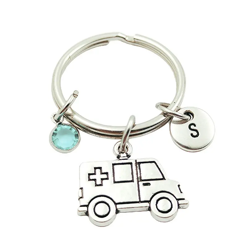 Ambulance Nurses Initial Letter Monogram Birthstone Keychains Keyring Creative Fashion Jewelry Women Gifts Accessories Pendant