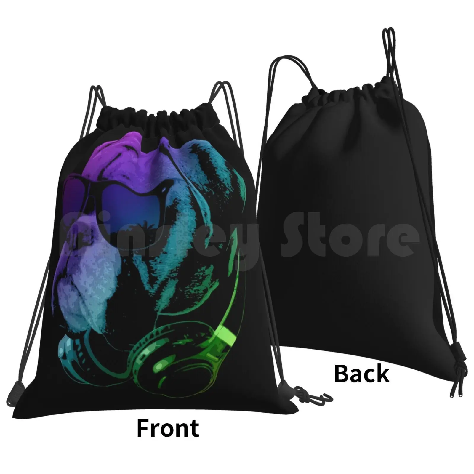 Dj Dog Backpack Drawstring Bags Gym Bag Waterproof Dog Pet Cute Cool Boxer Bulldog Animal Sunglasses Headphones Neon