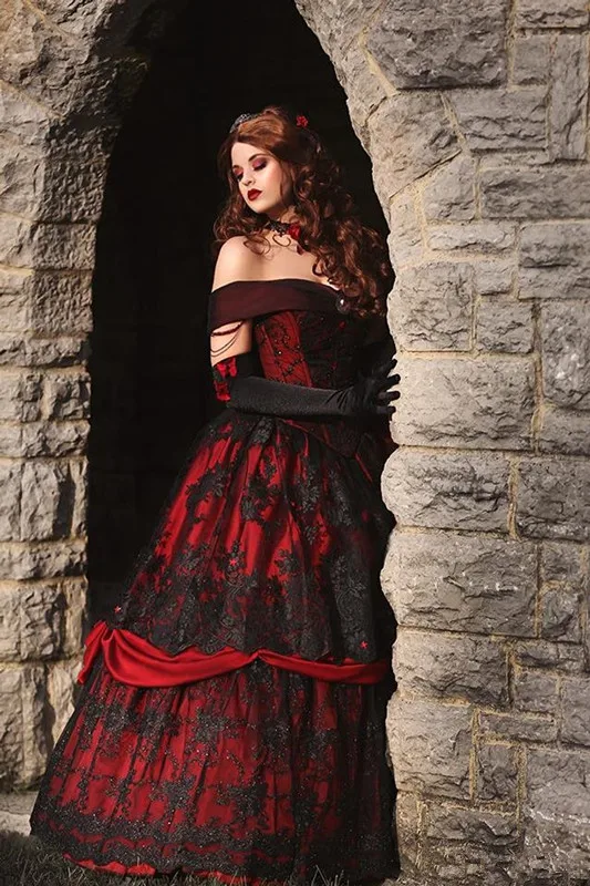 Vestidos de novia rojos y negros vintage 2025, apliques de encaje de talla grande con cordones en la espalda, corsé, Top gótico, vestidos de novia de Bella Durmiente