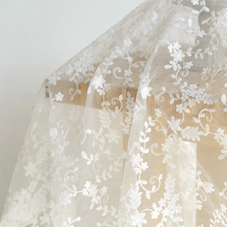 1Yard White organza embroidery fabric lace mesh wedding dress fabric background cloth curtain tablecloth handmade diy