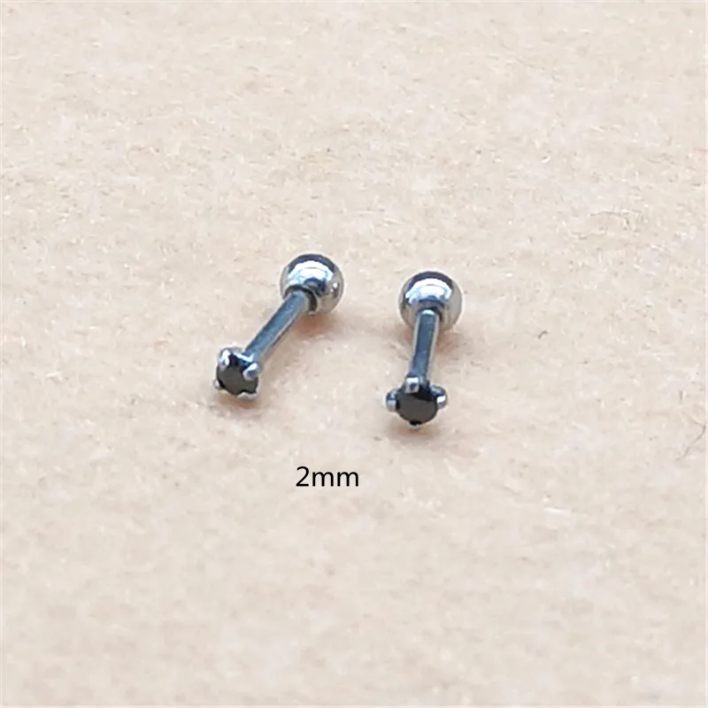 316l Stainless Steel Screw-back Black Round AAA Zircon Stud Earrings 2mm to 8mm Classical Style No Fade Allergy Free