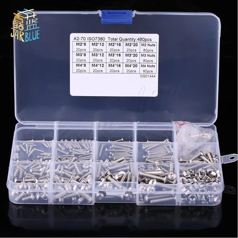 

480Pcs/set M2 M3 M4 Hex Socket Button Head Screws and Nuts Assrotment Set 304 Stainless Steel Screw and Nuts Fastener Hardware