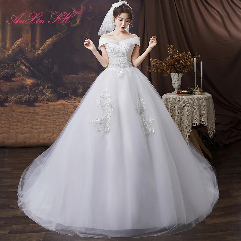 AnXin SH princess rose flower white lace French Retro vintage boat neck ball gown bride lace up customized wedding dress