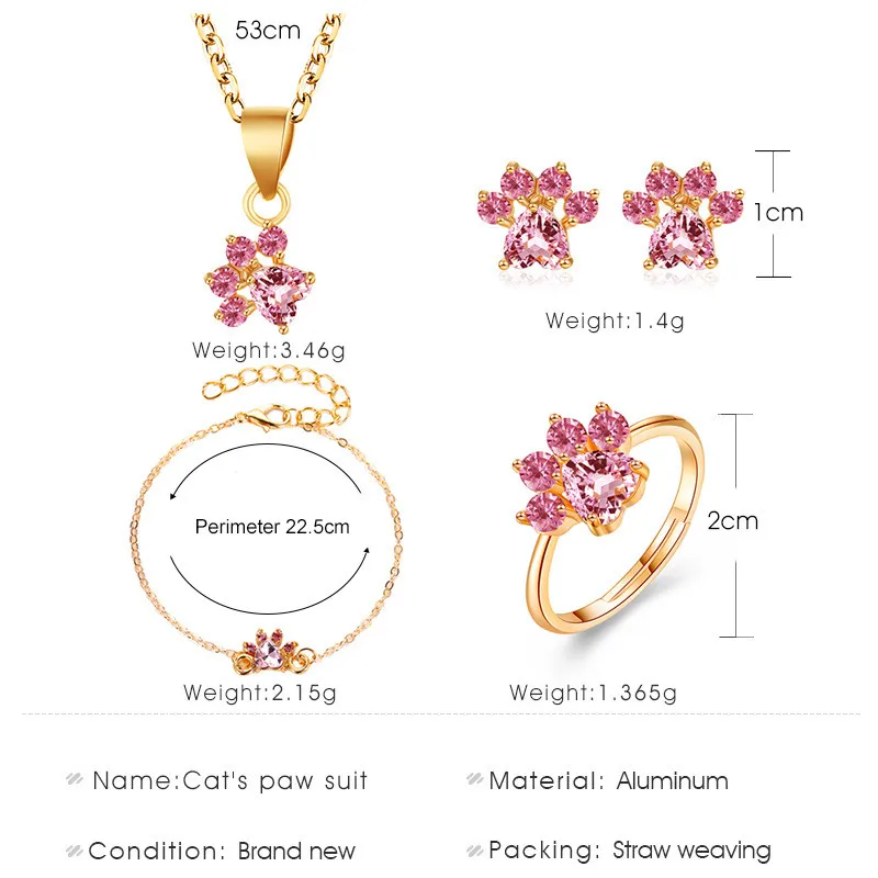 Elegant Luxurious Engagement Party Jewelry Set For Women Cute Cartoon Cat Paw Crystal Design Female Wedding Jewelry Lover Gift
