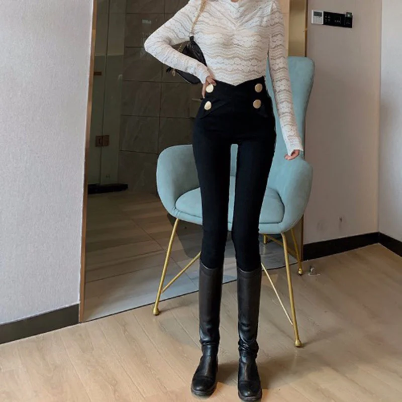 2022 New Spring Casual Irregular Trousers For Women High Waist Lace Up Button Straight Slim Pants Female Autumn Fashion KZ1014