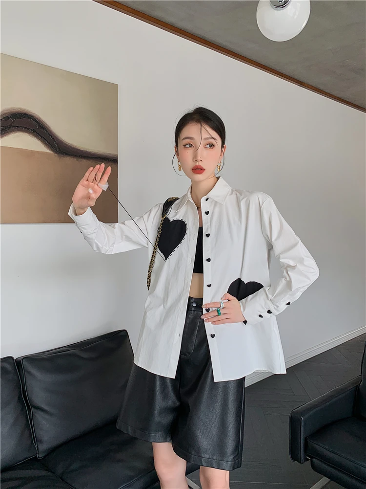 CHEERART Heart White Button Up Shirt For Women Fall Fashion Long Sleeve Designer Top And Bloues 2021 Collared Shirt Clothing