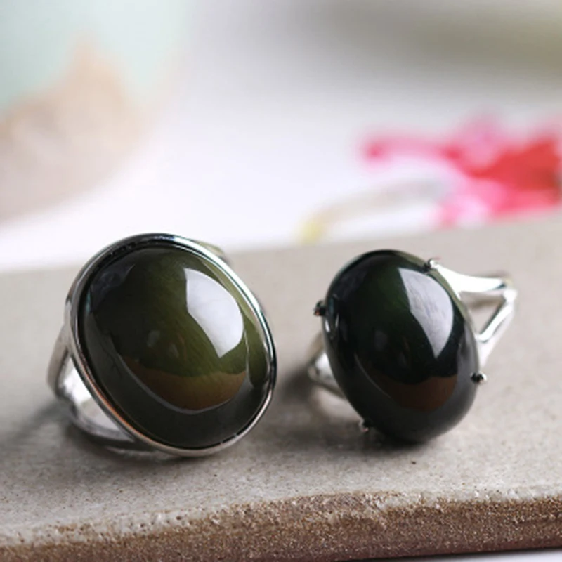 Natural Obsidian Ring Green Cat Eye Stone S925 Sterling Silver Mosaic Ring Simple Men Women Gift Crystal Ring Jewelry Wholesale