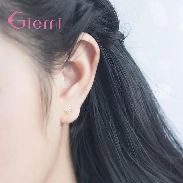 Pendientes de plata de ley 925 auténtica para mujer, aretes pequeños con forma de flor de trébol, Circonia cúbica blanca, joyería para regalo de Navidad y fiesta