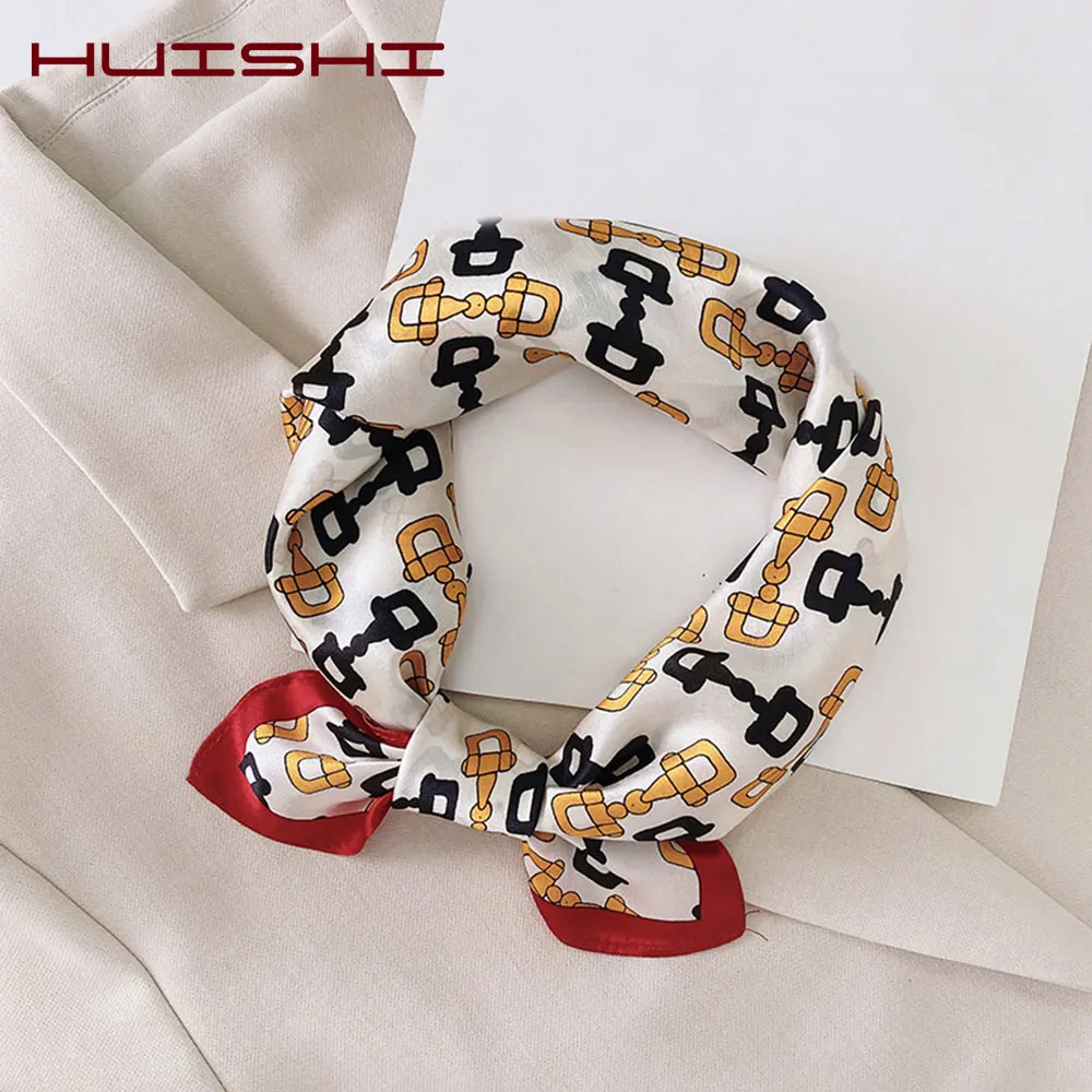 HUISHI Woman Scarf Real Silk Print Chain Green Red Small 53cm Scarf Foulard Head Neck Hair Tie Silk Bandana For Women Ladies