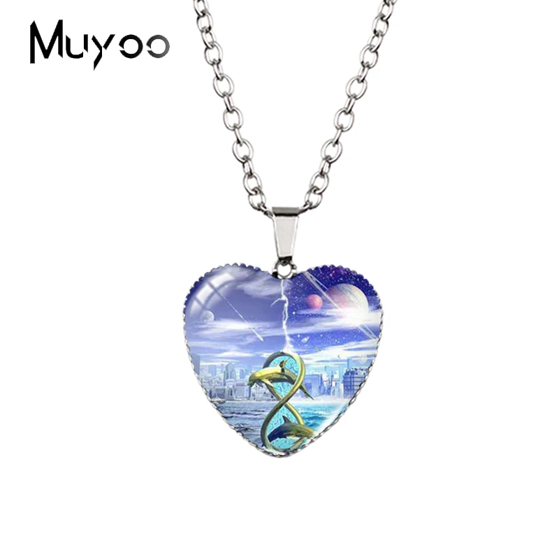2021 New Arrival Galaxy Landscape Ocean Animal Dolphins in Sunset Handcraft Jewelry Heart Pendants Necklace HZ3