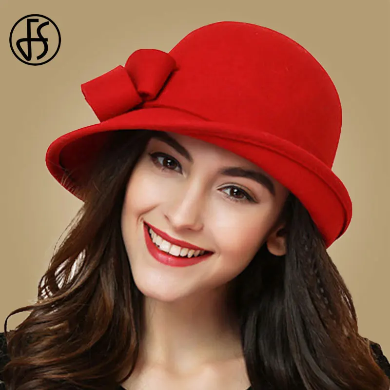 FS Elegant Bowknot Ladies Wool Felt Bowler Black Red Fedora Hats For Women Wide Brim Vintage Floppy Winter Church Cloche Hat