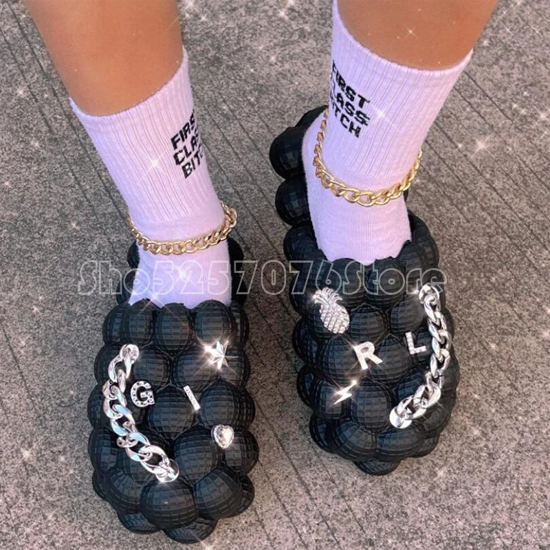 High Quality Bubble Ball Slippers Girl Rhinestone Pendant Designer Slides Ladies Creative Flat Slippers Adult Sandals Beach Shoe