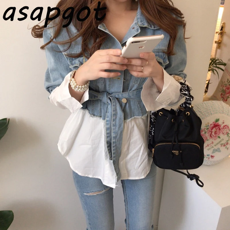 Korean Stitching Fake Two Piece Lapel Long Sleeve Single Breasted Slim Waist Lace Up Vintage Denim Coat Women Jacket Sashes