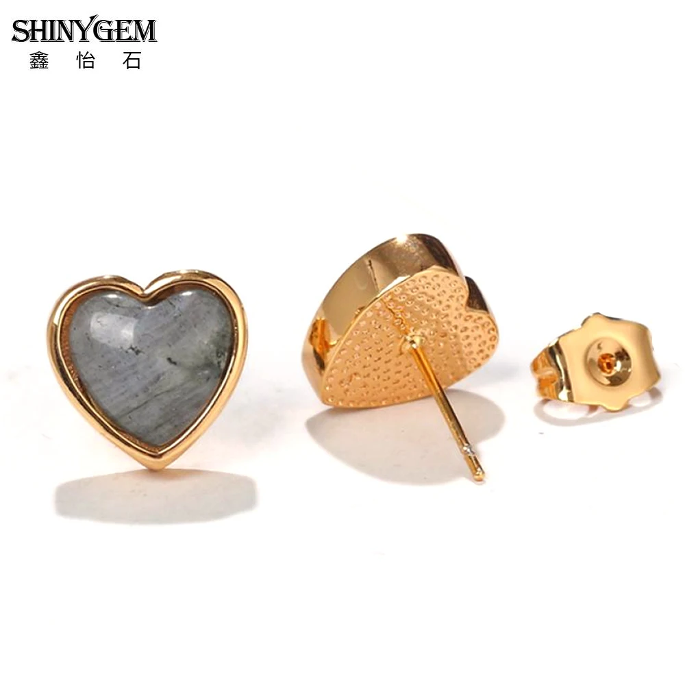 ShinyGem-أقراط كلاسيكية على شكل قلب للنساء ، أقراط من حجر اللابرادوريت الرمادي الداكن ، 12 × 12 مللي متر ، مجوهرات مطلية بالذهب