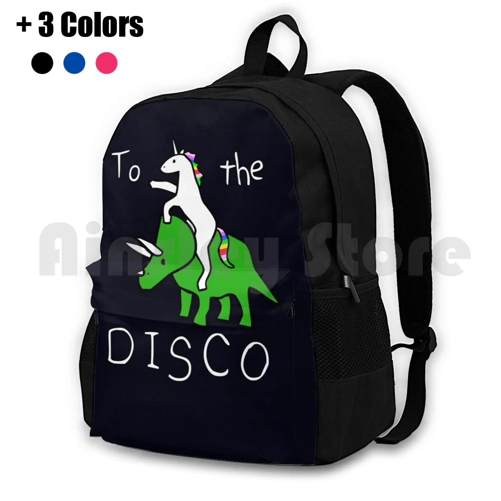 To The Disco ( White Text ) Unicorn Riding Triceratops Outdoor Hiking Backpack Riding Climbing Sports Bag Unicorn Dinosaurs