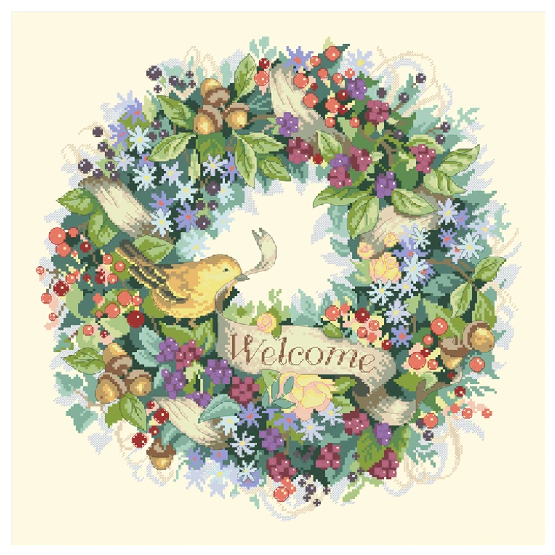 Berry wreath welcome cross embroidery kit flower pattern design 18ct 14ct 11ct light yellow canvas Cross-stitch DIY needlework