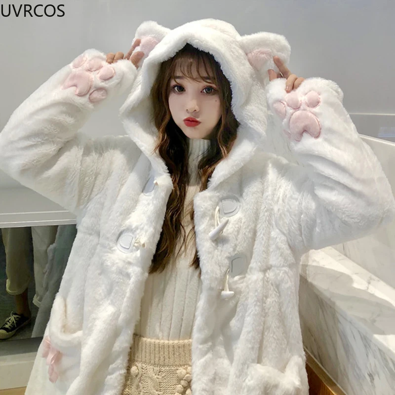 Lolita-chaqueta cálida de felpa suave para mujer, abrigos blancos gruesos, lindas orejas de gato, Parkas con capucha de Anime, prendas de vestir