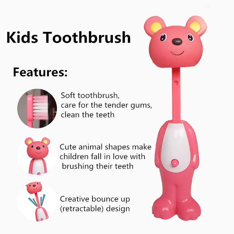 1pcs Cute Kids Toothbrushes Soft Bristle Toothbrush Animal Shaped Children Tooth Cleaner Retractable Bounce Up Child Teeth Brush