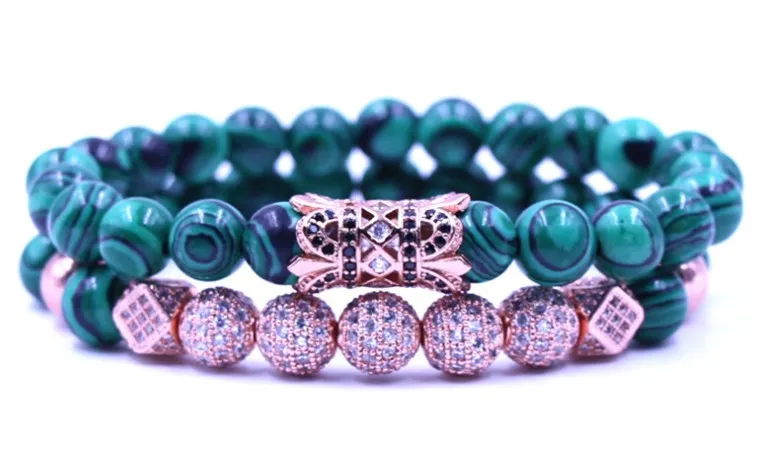 8mm 2PCS/Set rose gold elastic adjusted nature malachite bead rtg23 micro pave cz zircon cubic zirconia tube Bracelet